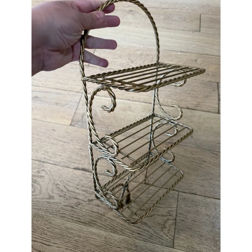 Vintage 3-Tier Wire Wall Shelf Gold Tone MCM Twisted Rope Tassels Ornate